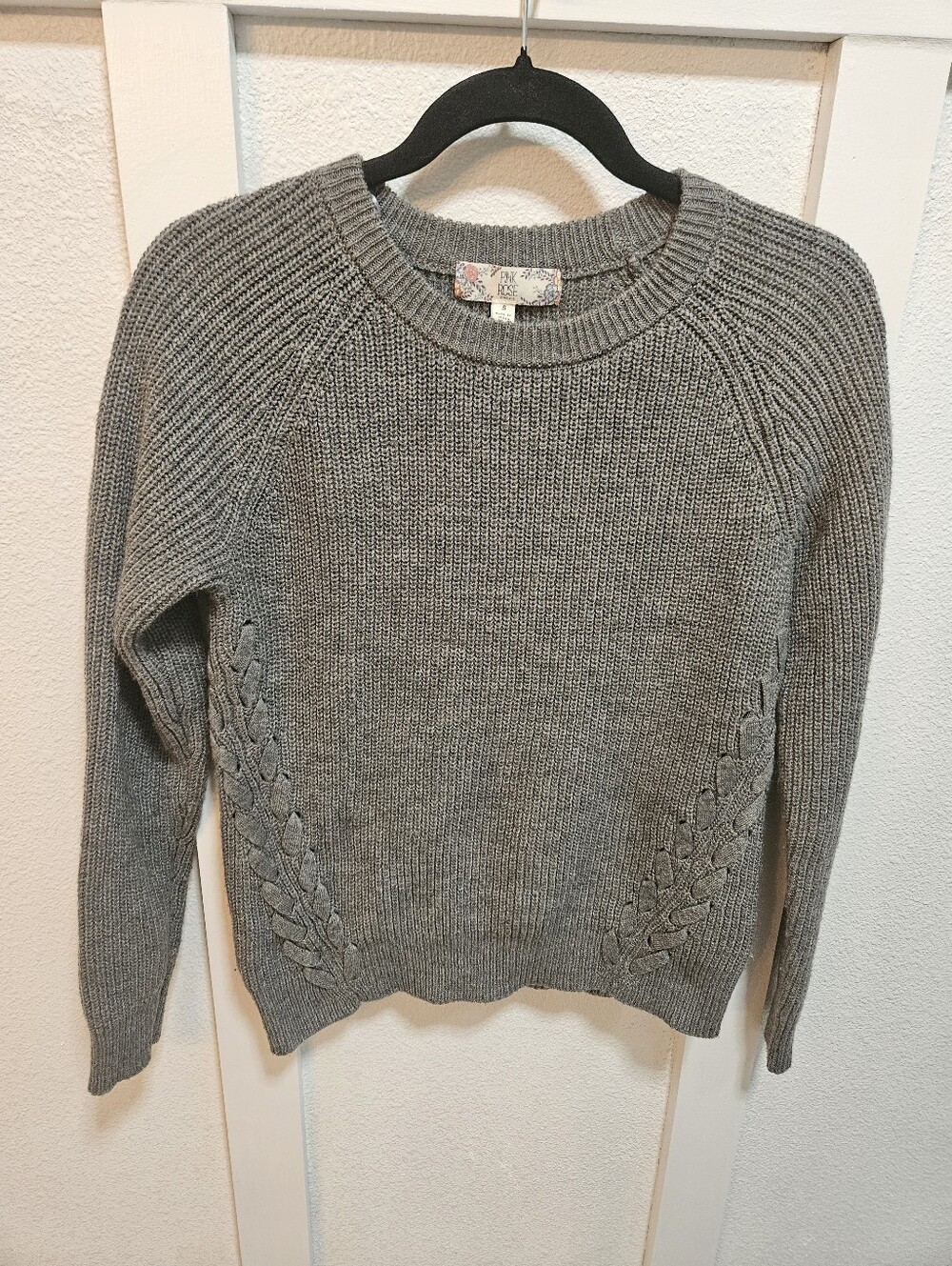 Pink Rose Gray Crewneck Sweater with Side Cable Detail
